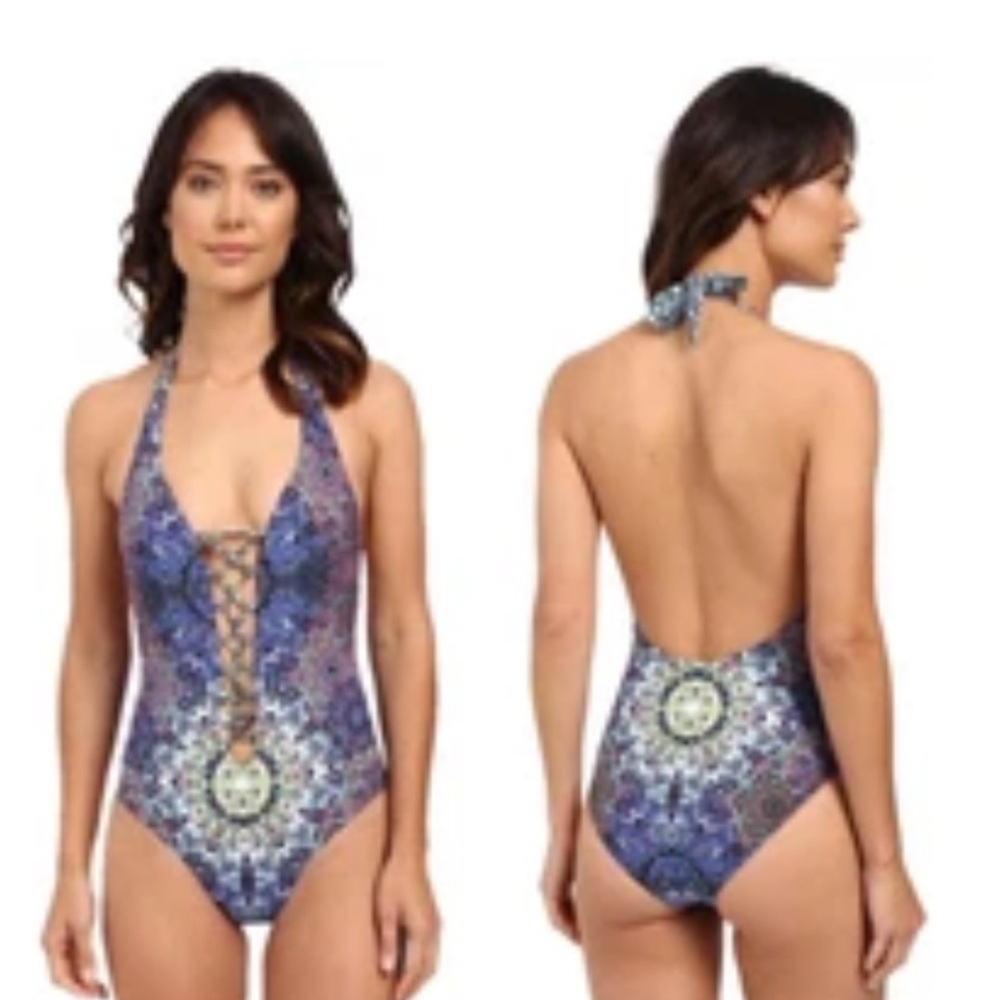 Red Carter Blue and Purple Lace-Up One Piece Swinsuit Sz S $185 NWOT